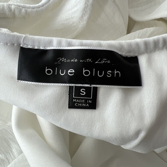 Blue Blush Dress Women Small White Puff Sleeve Ruffled Low V-Neck Mini - Picture 5 of 12